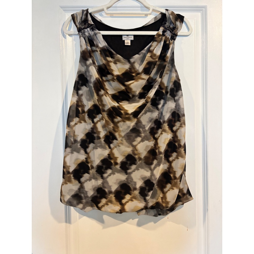 Worthington Petite Cowl Neck Sleeveless Blouse Abstract Print PM Black Tan Grey